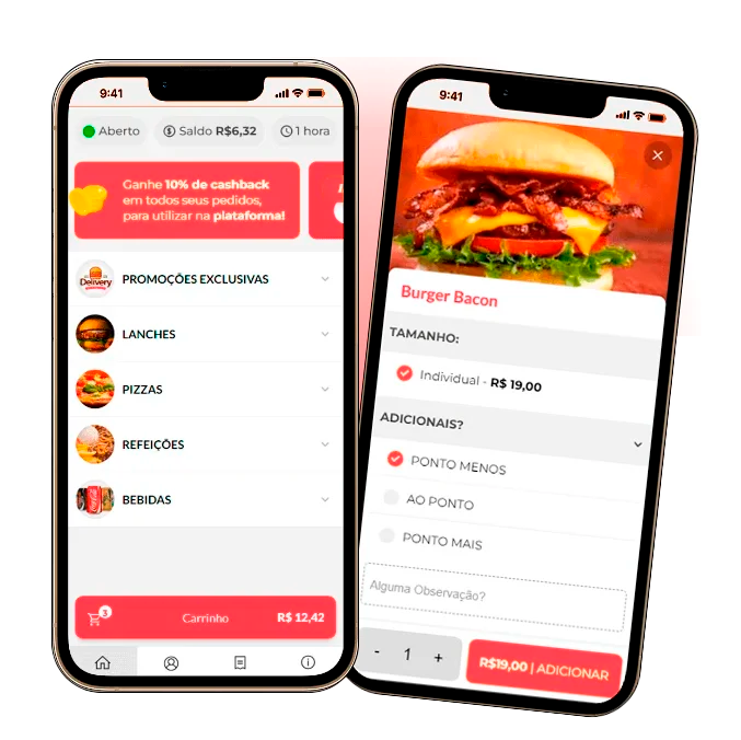 Celular exibindo o cardápio digital PedeJá com categorias e produtos