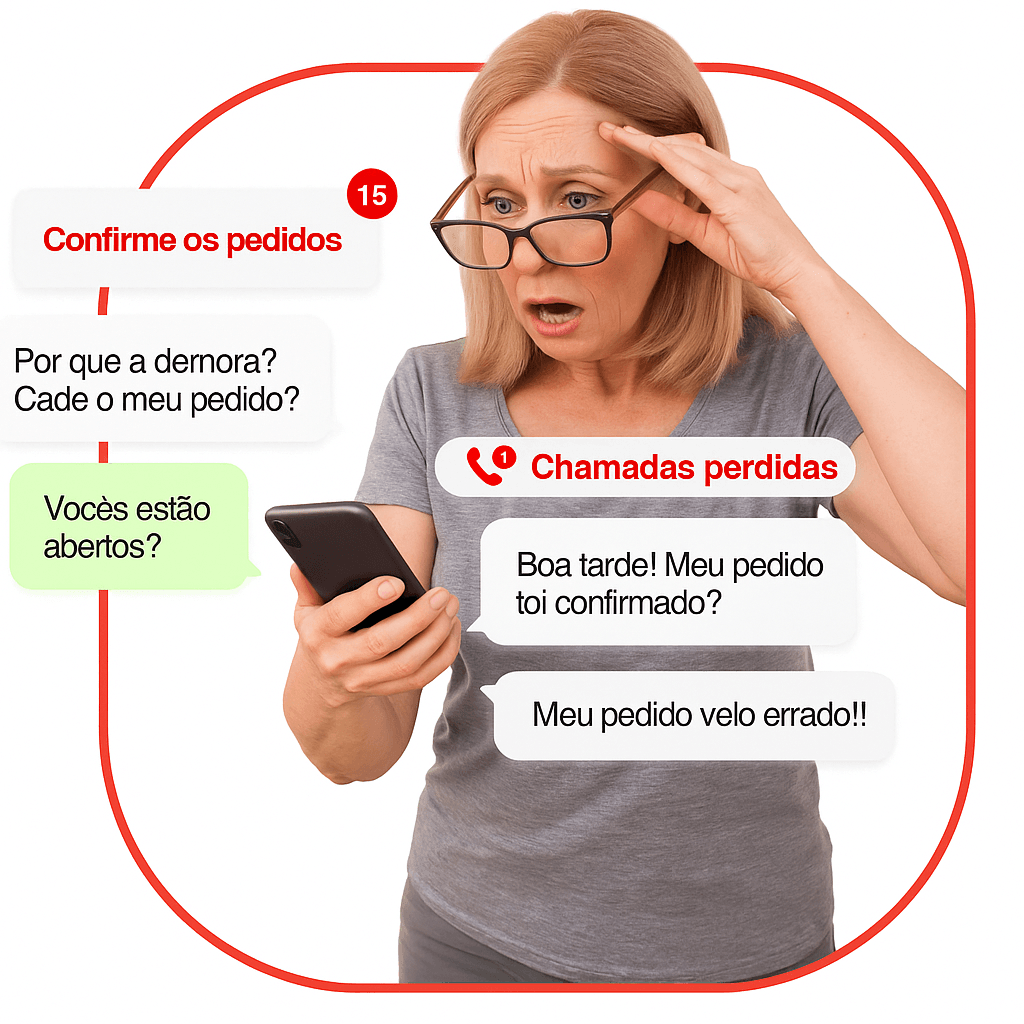 Ilustração de atendente estressado com celular cercado de mensagens de WhatsApp de clientes