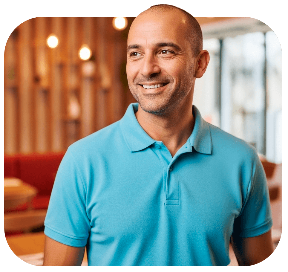 Atendente sorrindo em ambiente de restaurante, pronto para cadastrar o cardápio do cliente